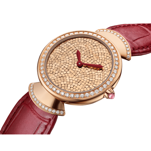 Divas' Dream 18 kt rose gold watch with diamond-set bezel and links, gold mosaic dial, red hands and red alligator bracelet. Water-resistant up to 30 metres 103996 image 2
