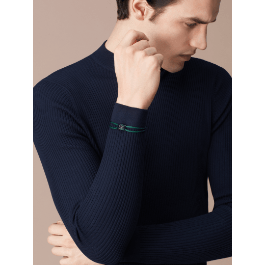 "Serpenti Forever" bracelet in Midnight Sapphire blue fabric with an alluring snakehead décor in light gold-plated brass enamelled in black and glittery Hawk's Eye grey, with seductive black enamel eyes. SERP-STRINGd image 2