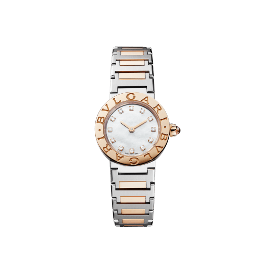 BVLGARI BVLGARI LADY watch with quartz movement, 23 mm stainless steel case, 18k rose gold bezel with logo, 18k rose gold crown set with a pink cabochon-cut stone, white mother-of-pearl dial, diamond indexes and 18k rose gold and stainless steel bracelet. 102970 image 1