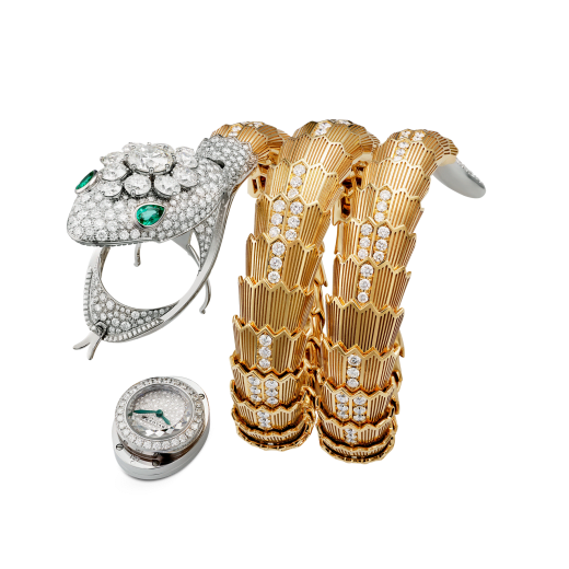 Serpenti Misteriosi High Jewellery secret watch with mechanical manufacture micro-movement with manual winding, 18 kt white and yellow gold case and bracelet set with brilliant-cut diamonds and two pear-cut emeralds and pavé-set diamond dial. 103561 image 4