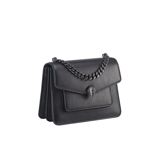 Serpenti Forever Maxi Chain small crossbody bag in flash diamond white grained calf leather with foggy opal grey nappa leather lining. Captivating snakehead magnetic closure in gold-plated brass embellished with white mother-of-pearl scales and red enamel eyes. 1134-MCGC image 2