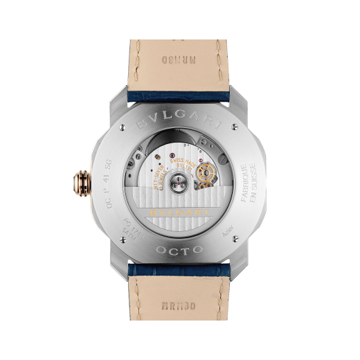Octo Roma watch with mechanical manufacture movement, automatic winding, stainless steel and 18 kt rose gold case, blue dial and blue alligator bracelet. Water resistant up to 50 metres 103205 image 4