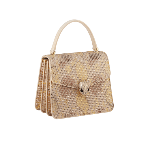 Serpenti Forever small top handle bag in natural suede with different-size crystals in various shades of gold, and black nappa leather lining. Captivating magnetic snakehead closure in light gold-plated brass embellished with "diamantatura" engraving on the scales and black onyx eyes. 292878 image 2