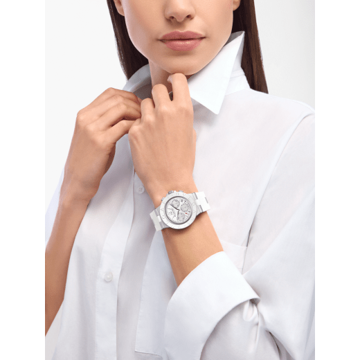 Bvlgari Aluminium Special Edition Chronograph watch with mechanical manufacture movement, automatic winding and chronograph, 40 mm sandblasted aluminium case, white rubber bezel and bracelet, and varnish white dial. Water-resistant up to 100 metres 104235 image 1