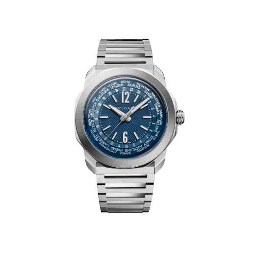 Octo Roma WorldTimer watch with interchangeable satin-polished stainless steel bracelet and additional blue rubber strap, satin-polished stainless steel case and matte blue Clous de Paris dial. Mechanical manufacture movement with automatic winding, WorldTimer, 24 time zones and 24-hour indicator. Water-resistant up to 100 metres. 103762 image 1