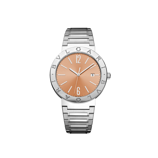 BULGARI BULGARI watch with mechanical manufacture automatic movement, satin-polished stainless steel case, bracelet and bezel engraved with the double BULGARI logo and orange lacquered sunray dial. Water-resistant up to 50 meters. Resort Limited Edition of 65 pieces. 103683 image 1