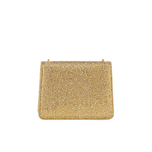 Serpenti Forever small crossbody bag in natural suede with different-size gold crystals and black nappa leather lining. Captivating magnetic snakehead closure in gold-plated brass embellished with "diamantatura" engraving on the scales, and black onyx eyes. 292889 image 3