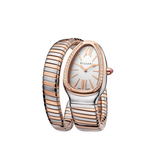 Serpenti Tubogas single spiral watch with stainless steel case, 18 kt rose gold bezel set with brilliant cut diamonds, silver opaline dial, 18 kt rose gold and stainless steel bracelet. SP35C6SPGD-1T-RG image 2