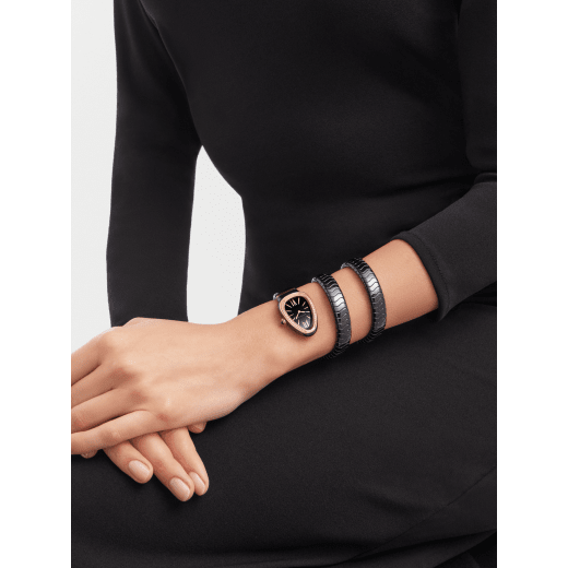 Serpenti Spiga watch with black ceramic case, 18 kt rose gold bezel set with diamonds, black lacquered polished dial and double spiral bracelet in black ceramic and 18 kt rose gold elements. 102885 image 1