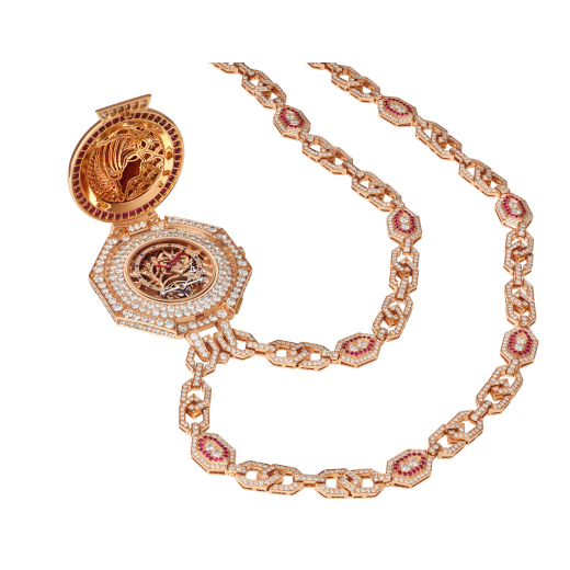 Secret Watch Necklace Cameo Imperiale with mechanical manufacture skeletonised movement, manual winding, tourbillon lumière, 18 kt rose gold case and chain set with rubies, diamonds, a Cleopatra Cameo with pink and blue sapphires, and snow-set diamond dial. 103670 image 1