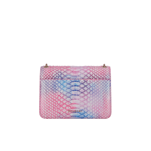 Serpenti Forever small crossbody bag in multicolour Spring Shade python skin with azalea quartz pink nappa leather lining. Captivating magnetic snakehead closure in light gold-plated brass embellished with ivory opal and azalea quartz pink enamel scales and black onyx eyes. 292138 image 3