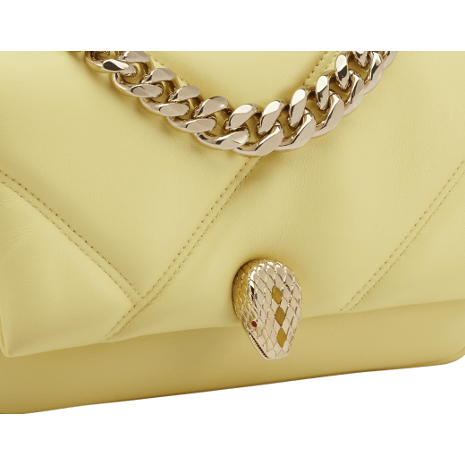 "Serpenti Cabochon" maxi chain crossbody mini bag in soft quilted Ivory Opal white calf leather, with a maxi graphic motif, and black nappa leather internal lining. New Serpenti head closure in gold-plated brass, finished with small white mother-of-pearl scales in the middle, and red enamel eyes. 1164-MSMa image 6
