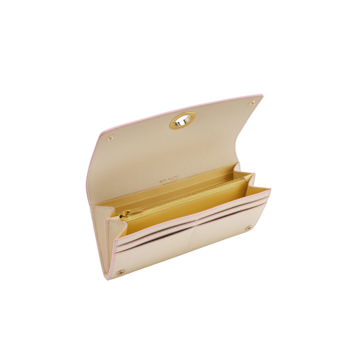 BULGARI BULGARI large wallet in primrose quartz pink and ivory opal Urban grained calf leather with primrose quartz pink edges and sorbet citrine yellow nappa leather interior. Iconic light gold-plated brass clip with primrose quartz pink enamel, and flap closure. 579-WLT-SLI-POC-UCL image 2