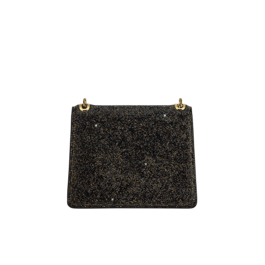 Serpenti Forever Day-to-Night small shoulder bag with black crystals inserts hand-set on suede leather with black nappa leather lining. Captivating snakehead magnetic closure in gold-plated brass embellished with black zirconia pavé and gold-plated brass scales, and black onyx eyes. 294042 image 3