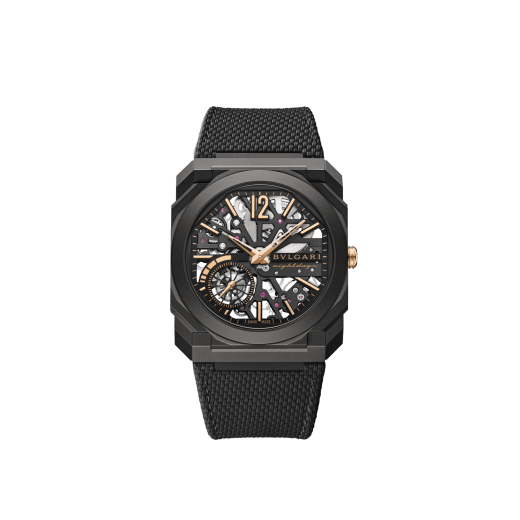 Octo Finissimo Skeleton 8 Days watch with mechanical manufacture ultra-thin movement (2.50 mm thin), manual winding, 8 days power reserve, black DLC-coated titanium case, openwork dial, rose gold-plated hands and indexes, black rubber bracelet. Water-resistant up to 30 metres 104121 image 1