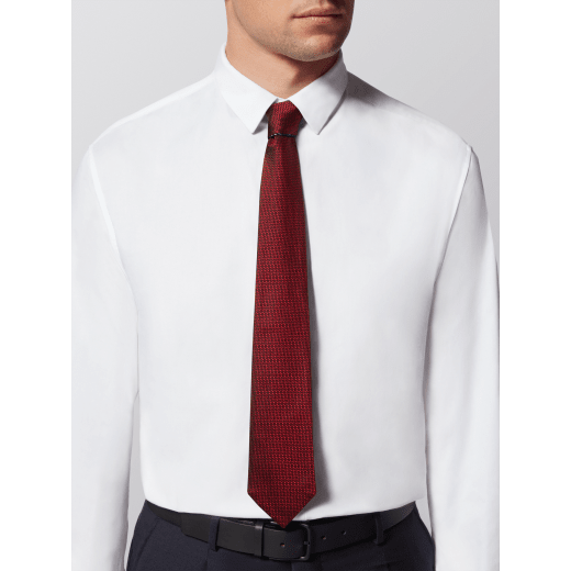 Doppelseitige Double Elegance Krawatte aus feinem grauen Seidenjacquard mit Metallplakette. DOUBLEELEGANCE image 1