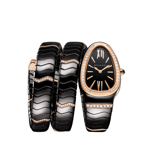 Serpenti Spiga double-spiral watch in black ceramic with an 18 kt rose gold bezel and single elements set with diamonds, and a black dial. Water-resistant up to 30 meters 103199 image 1