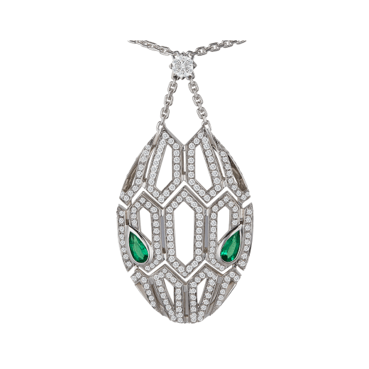 Serpenti necklace in 18 kt white gold, set with emerald eyes and pavé diamonds both on the chain and the pendant. 352752 image 3