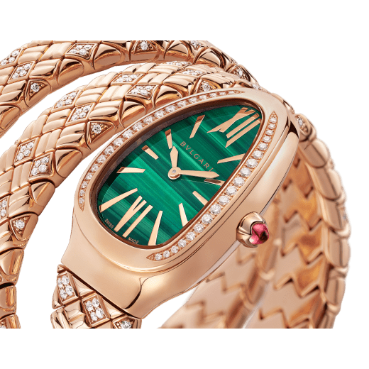 Serpenti Spiga double-spiral watch with 18 kt rose gold case set with diamonds, malachite dial and 18 kt rose gold bracelet partially set with brilliant-cut diamonds. Water-resistant up to 30 metres. Small size SERPENTI-SPIGA-2T image 3