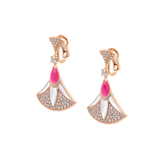 DIVAS' DREAM earrings in 18 kt rose gold set with pear-shaped rubellites, mother-of-pearl elements and pavé diamonds 360699 image 2
