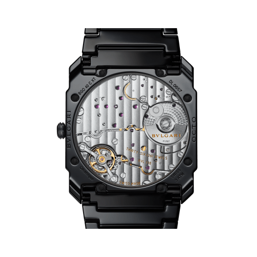 Octo Finissimo watch in sandblasted polished black ceramic with extra-thin mechanical manufacture movement, automatic winding, platinum microrotor, small seconds, transparent case back and sandblasted black ceramic dial. Water-resistant up to 30 meters 103368 image 4