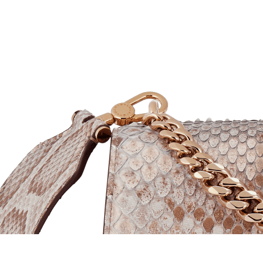 Serpenti Forever Maxi Chain medium crossbody bag in coral carnelian orange Mystical python skin with coral carnelian orange nappa leather lining. Captivating snakehead closure in rose gold-plated brass embellished with mother-of-pearl scales and red enamel eyes. MC-MP-CC image 6