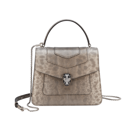 “Serpenti Forever” top handle bag in emerald green calf leather. Iconic snake head closure in light gold-plated brass enhanced with black and white agate enamel and green malachite eyes. 1050-CL image 1
