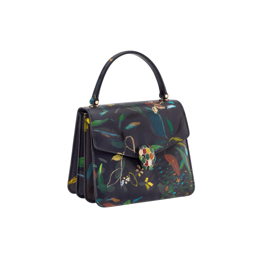 Sophie Kitching x Bvlgari Serpenti Forever Invisible Green small top handle bag in flash diamond white calf leather with multicoloured petals and leaves print envisioned by the artist, and emerald green nappa leather lining. Captivating snakehead magnetic closure in light gold-plated brass embellished with matching multicoloured gemstone scales in the centre and green malachite eyes. Limited Edition. 752-SophieKitching image 2