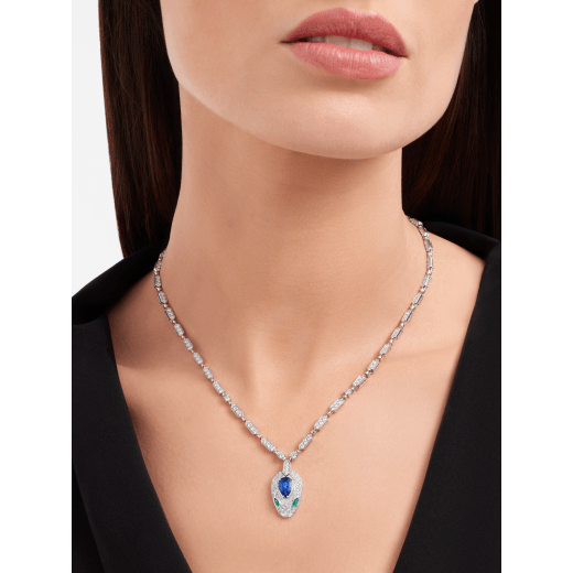 Serpenti 18 kt white gold necklace set with a blue sapphire on the head, emerald eyes and pavé diamonds 355354 image 2