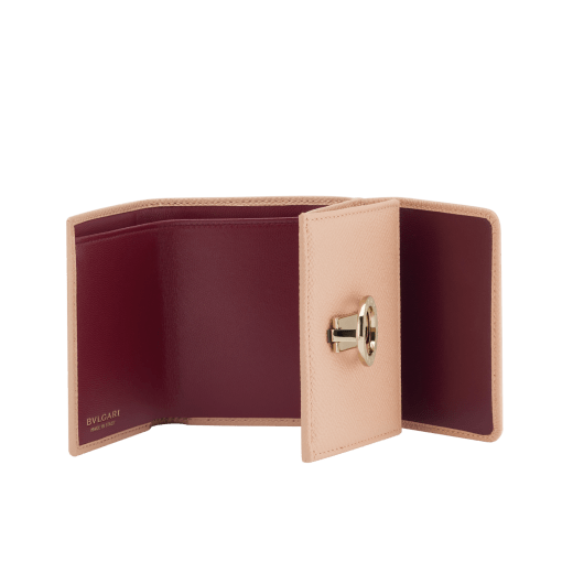 BULGARI BULGARI Japan Exclusive compact wallet in soft drummed taupe quartz light brown calf leather with crystal rose nappa leather interior. Iconic light gold-plated brass clip and press button closure. 579-MINICOMPACTc image 2
