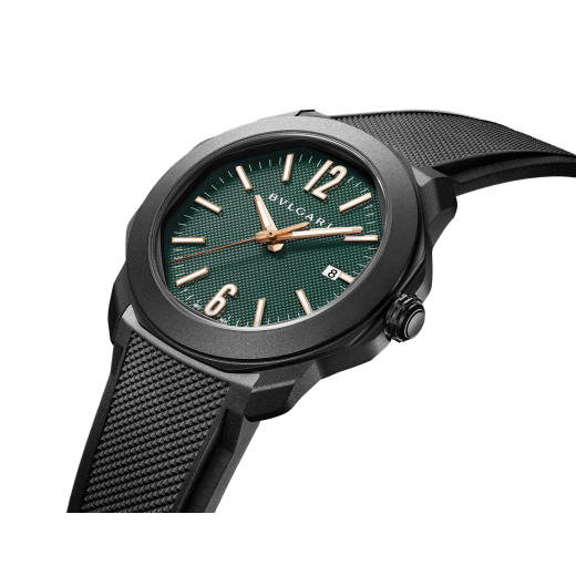 Octo Roma watch with interchangeable black rubber strap and additional green rubber strap, DLC-coated stainless steel case and green Clous de Paris dial. Mechanical manufacture movement with automatic winding. Water-resistant up to 100 metres. 103925 image 2