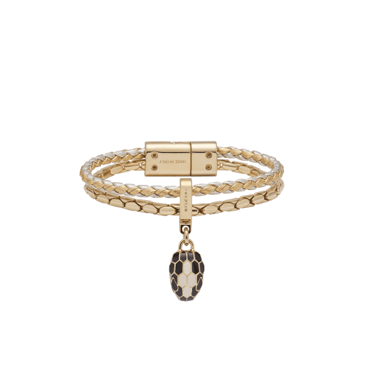 Serpenti Forever bracelet in gold and silver braided calf leather and light gold-plated brass chain with magnetic clasp closure. Captivating snakehead charm with black and white agate enamel scales and black enamel eyes. SERPBRAIDCHAIN-WCL-GS image 1
