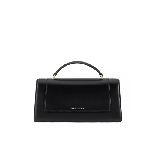 Serpenti Forever Elongated top handle bag in black calf leather with black nappa leather lining. Captivating snakehead magnetic closure in light gold-plated brass embellished with black enamel and light gold-plated brass scales, and black onyx eyes. SEA-001-1390S image 2