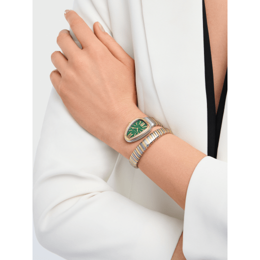 Часы лимитированной серии Tadao Ando x Bvlgari Serpenti Tubogas с браслетом в один виток, желтое золото 18 карат и нержавеющая сталь, бриллиантовое паве на безеле, циферблат из зеленого авантюрина. Водонепроницаемость до 30 метров. 104002 image 1