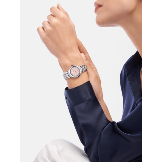 Lvcea polished and satin-brushed stainless steel watch with pink mother-of-pearl marquetery dial and 12 diamond indexes. Water-resistant up to 50 metres 104107 image 1