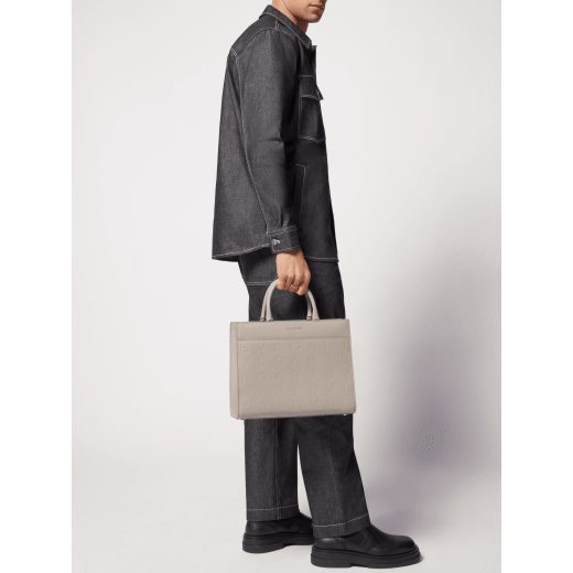 Bulgari Logo medium tote bag in black calf leather with hot-stamped Infinitum pattern on the main body and teal topaz green grosgrain lining. Light gold-plated brass hardware and magnet closure. BVL-1251M-ICL image 9