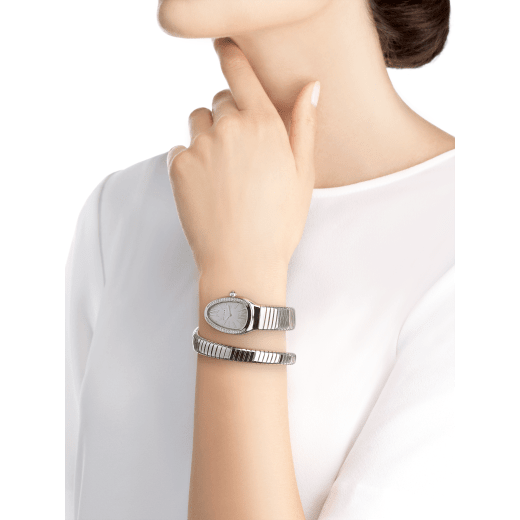 Serpenti Tubogas single spiral watch in stainless steel case and bracelet, bezel set with brilliant cut diamonds and silver opaline dial. Large Size. SrpntTubogas-white-dial2 image 4