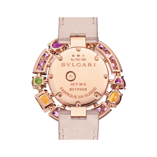 Allegra watch with 18 kt rose gold case set with brilliant-cut diamonds and 32 pink sapphires, 1 pink tourmaline, 3 citrines, 2 dark pink rhodolite and 2 peridots, mother-of-pearl dial, 12 diamond indexes and light pink iridescent alligator bracelet. Water resistant up to 30 metres 103713 image 4