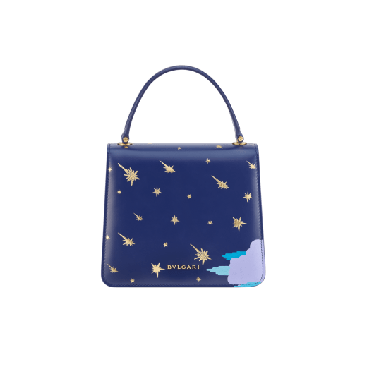 Sunwoo Kim x Bvlgari Serpenti Forever Night small top handle bag in midnight blue calf leather with nocturnal landscape print envisioned by the artist; cobalt blue calf leather sides and lavender lilac nappa leather lining. Captivating snakehead magnetic closure in gold-plated brass embellished with diamond-cut engraving on the scales, and blue lapis lazuli eyes. Limited Edition. 752-SunwooKim image 3