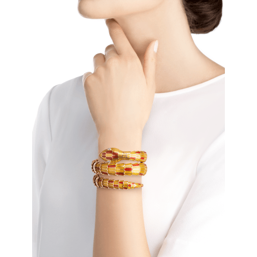 Serpenti Secret Watch with 18 kt rose gold head and double spiral bracelet, both coated with red and yellow lacquer, diamond eyes, 18 kt rose gold case and 18 kt rose gold dial set with brilliant cut diamonds. 102525 image 4