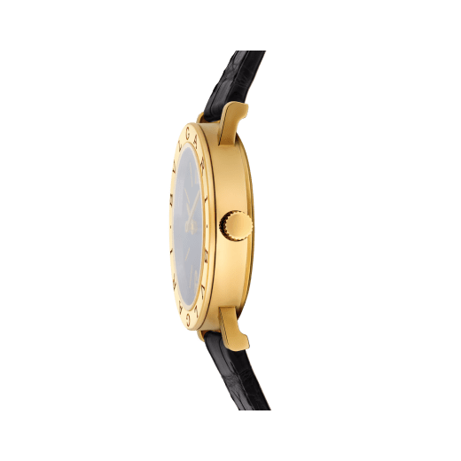 BULGARI BULGARI watch with mechanical automatic in-house movement, 18 kt yellow gold case and bezel engraved with double logo, black opaline dial and black alligator bracelet. Water resistant up to 50 meters 103967 image 3