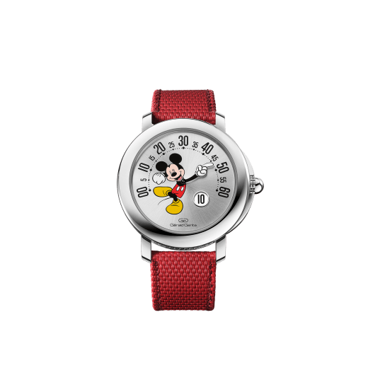 Gérald Genta Arena Retrograde watch with smiling Disney Mickey Mouse, mechanical movement with automatic winding, retrograde minutes and jumping hours, 42 hours of power reserve, 41 mm polished stainless steel case, transparent case back, silvered sunray dial with stickers and lacquered Mickey Mouse arm and texturized red rubber bracelet. Water-resistant up to 100 meters. Limited Edition of 150 pieces. Online Exclusive. 103613 image 1