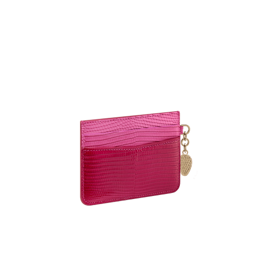Serpenti Forever card holder in beetroot spinel fuchsia dégradé lizard skin. Captivating snakehead charm in light gold-plated brass embellished with red enamel eyes. SEA-CC-HOLDER-LD image 3