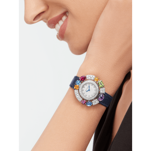 Allegra High Jewellery watch with 18 kt white gold case set with brilliant-cut diamonds, two citrines, an amethyst, a peridot, two blue topazes and two rhodolite, mother-of-pearl dial, diamond indexes and blue alligator bracelet. Water resistant up to 30 metres 103499 image 4