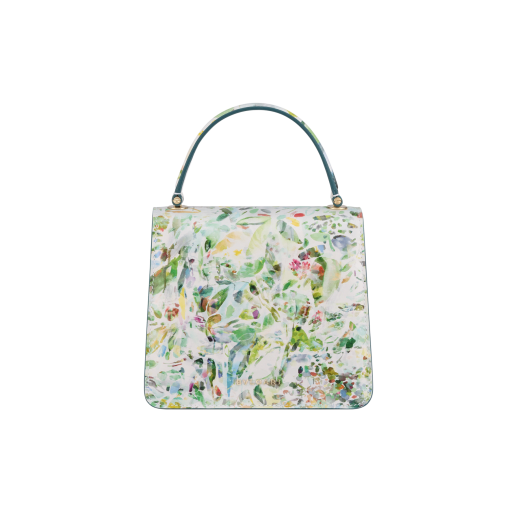 Sophie Kitching x Bvlgari Serpenti Forever Invisible Green small top handle bag in flash diamond white calf leather with multicoloured petals and leaves print envisioned by the artist, and emerald green nappa leather lining. Captivating snakehead magnetic closure in light gold-plated brass embellished with matching multicoloured gemstone scales in the centre and green malachite eyes. Limited Edition. 752-SophieKitching image 3