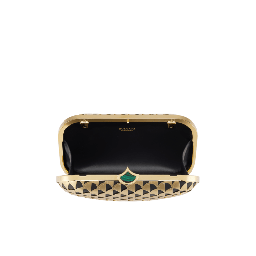 Calla clutch in gold-plated metal with a laser cut Calla motif on black nappa leather lining. Iconic closure embellished with a fan-shaped malachite insert. DAS-001-1317S image 3