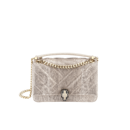 Serpenti Cabochon small shoulder bag in milky opal beige matelassé metallic karung skin with milky opal beige nappa leather lining. Captivating snakehead closure in light gold-plated brass embellished with matte black and glitter milky opal beige enamel scales and black onyx eyes. 1094-MK image 1