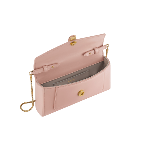 Serpenti Forever phone case in foggy opal calf leather with linen agate nappa leather lining. Captivating snakehead magnetic closure in light gold-plated brass embellished with foggy opal enamel and light gold-plated brass scales, and black onyx eyes. SEA-PHONE-POUCH image 2