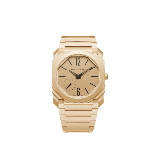 Montre Octo Finissimo Automatique avec mouvement mécanique de manufacture extra-plat (2,23 mm d'épaisseur), remontage automatique avec micro-rotor en platine, boîtier et bracelet en or jaune 18 K sablé, cadran en or jaune, aiguilles et index noirs. Étanche jusqu’à 100 mètres 104190 image 1