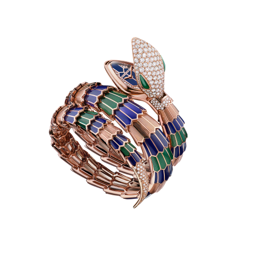 Serpenti Secret Watch with 18 kt rose gold head set with pavé diamonds and malachite eyes, 18 kt rose gold case, 18 kt rose gold dial set with brilliant cut diamonds, 18 kt rose gold double spiral bracelet coated with blue and green lacquer and set with pavé diamonds. 102446 image 1